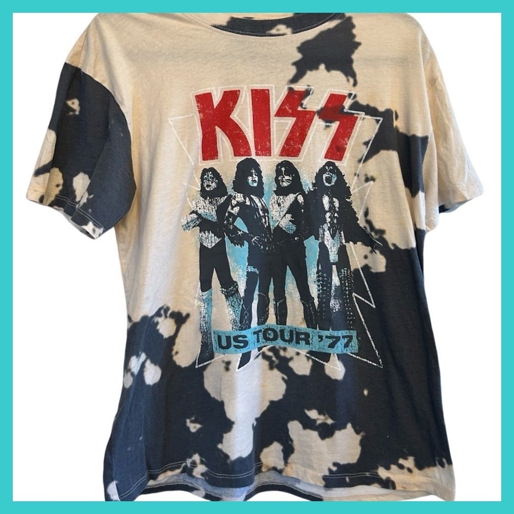 KISS Tye Dye Bleach Distressed Rock Band T-Shirt US 1977 Concert Tour Sz. S